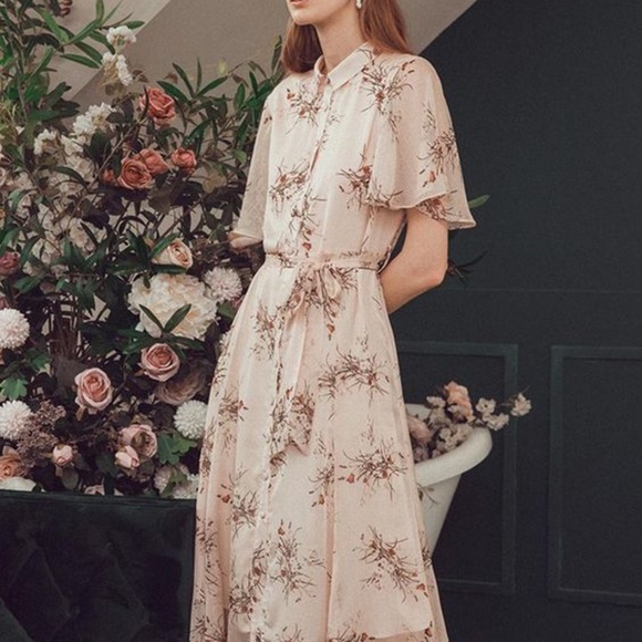 Charlotte Printed Chiffon Dress in Apricot - Picture 1 of 7